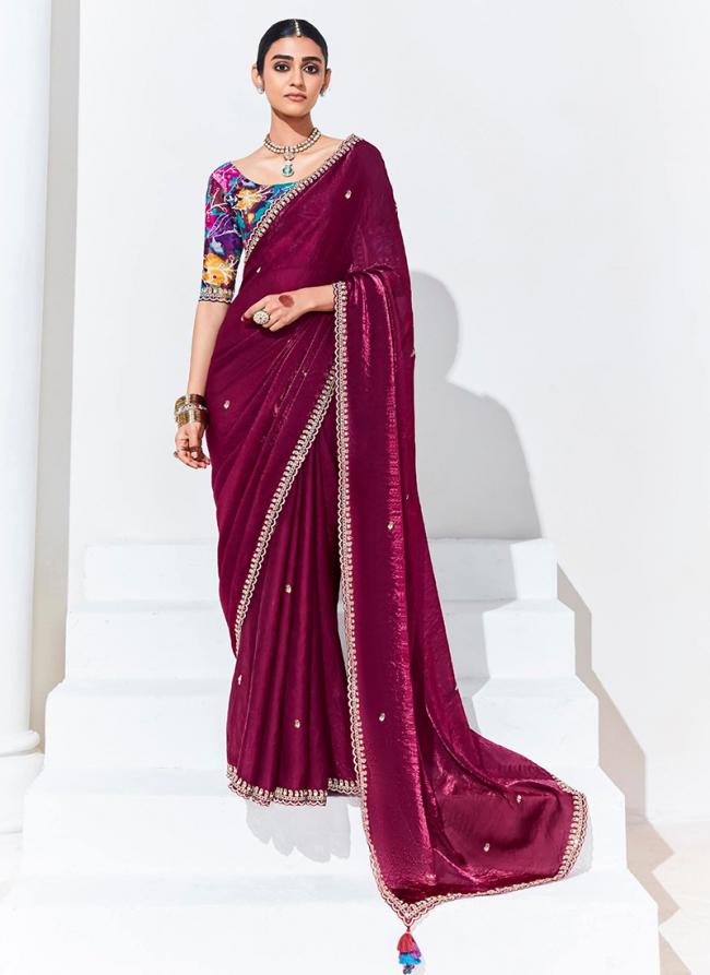 Organza Dark Pink Traditional Wear Embroidery Work Saree